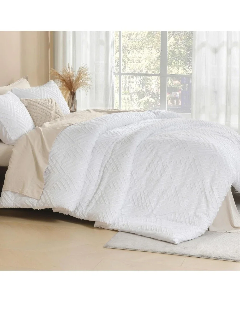 Litanika Oversized King Comforter Set White, 3 Pieces Tufted Boho Farmhouse